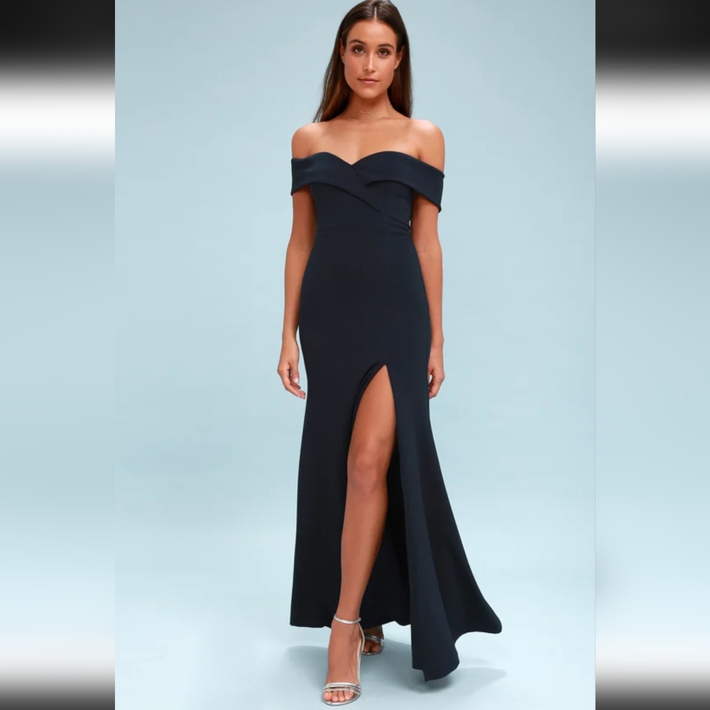 Lulu's Song of Love Navy Blue Off the Shoulder Maxi Dress
